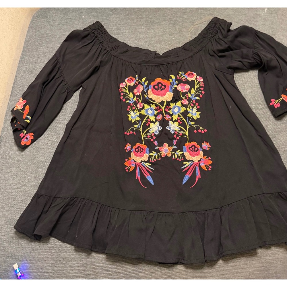 Umgee USA Black Embroidered Floral Off The Shoulder Boho Blouse A3020 Small